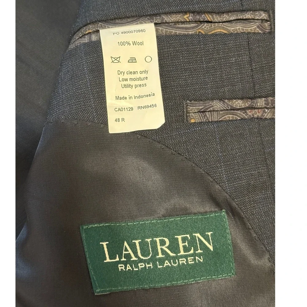 Lauren Ralph Lauren Mens Suit 48R 42W x 27L Blue Windowpane Plaid Wool 2-Piece